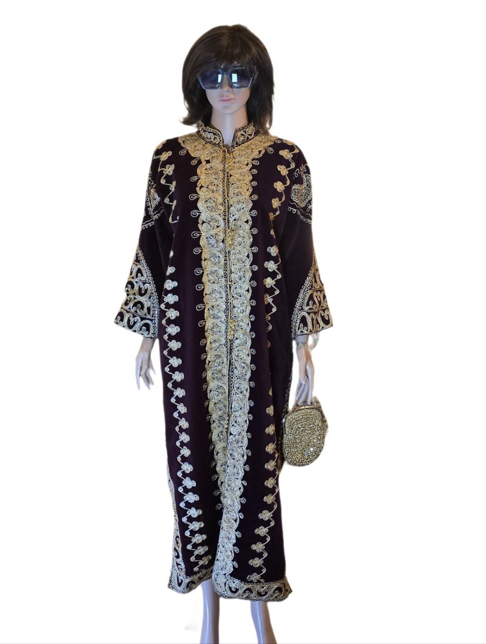 VTG Boho Chic Moroccan Velvet Caftan Gown Burgundy Purple Wine 22" P2P  51"